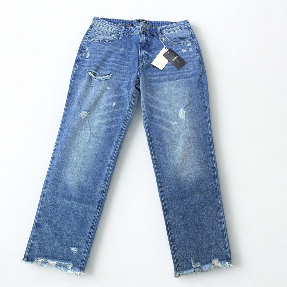 Flamingo Jeans Womens L Straight Leg Distressed Raw Hem High Rise Blue NWT Boho